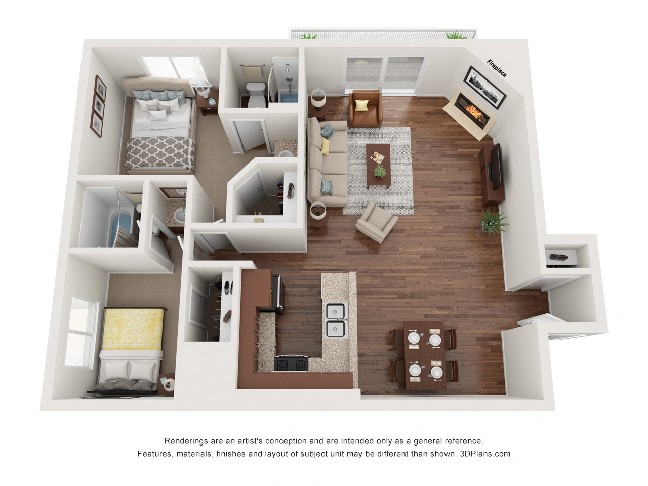 Floor plan for 2 beds, 2 baths, 920 sqft